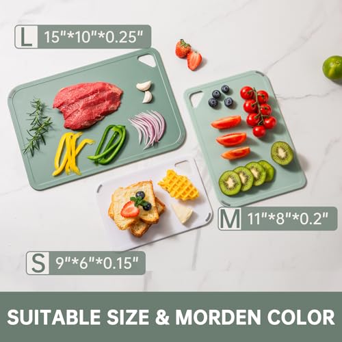 THETCHRY Plastic Cutting Board Set of 3-Cutting Boards for Kitchen BPA Free, Large-Small Chopping Boards Non-Slip for Cooking Camping Dishwasher Safe, Reversible, with Grip Handle, 15"×10"×0.6" Green - Image 4