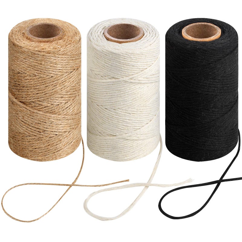 984 Ft Twine String Natural Jute Twine 2mm White Cotton Rope 10ply Black Cotton for Crafts Art Gardening Plants Gift Wrapping Decoration Packing String Bulk3 Rolls