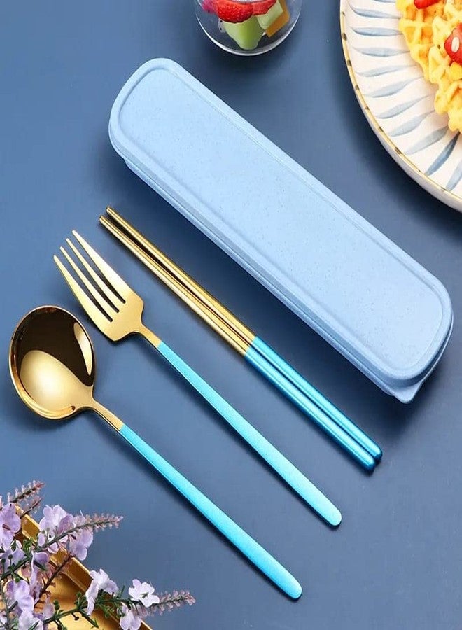CherryBox Premium Spoon Fork & Chopstick Set - Flatware Dinnerware Cutlery Tableware Set - Gold Plated 304 Stainless Steel (Blue) - Image 3