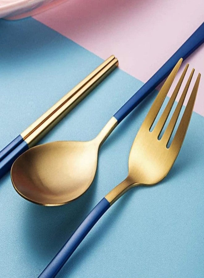 CherryBox Premium Spoon Fork & Chopstick Set - Flatware Dinnerware Cutlery Tableware Set - Gold Plated 304 Stainless Steel (Blue) - Image 4