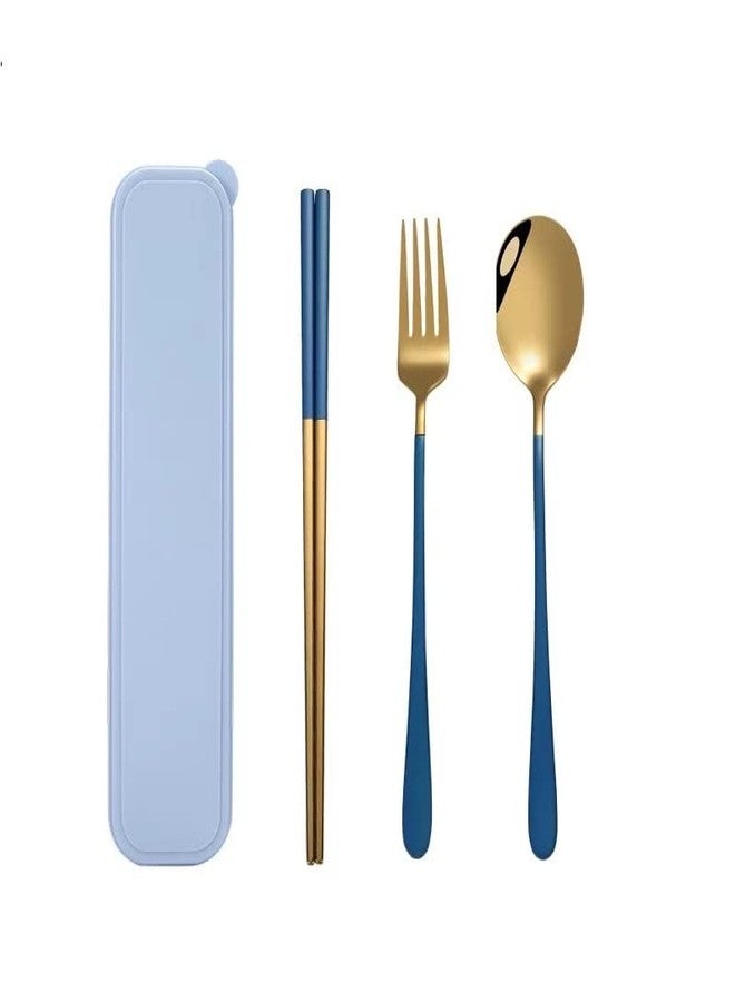 CherryBox Premium Spoon Fork & Chopstick Set - Flatware Dinnerware Cutlery Tableware Set - Gold Plated 304 Stainless Steel (Blue) - Image 1