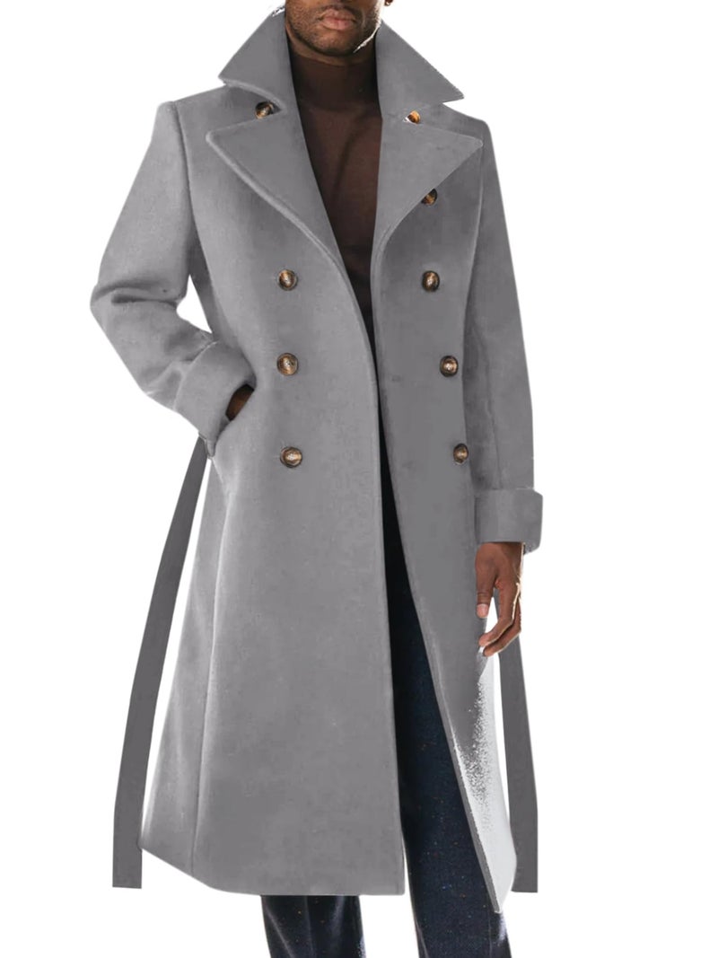 Runcati Mens Trench Coat Notch Lapel Double Breasted Belted Pea Coat Wool Blend Winter Warm Overcoat - Image 1