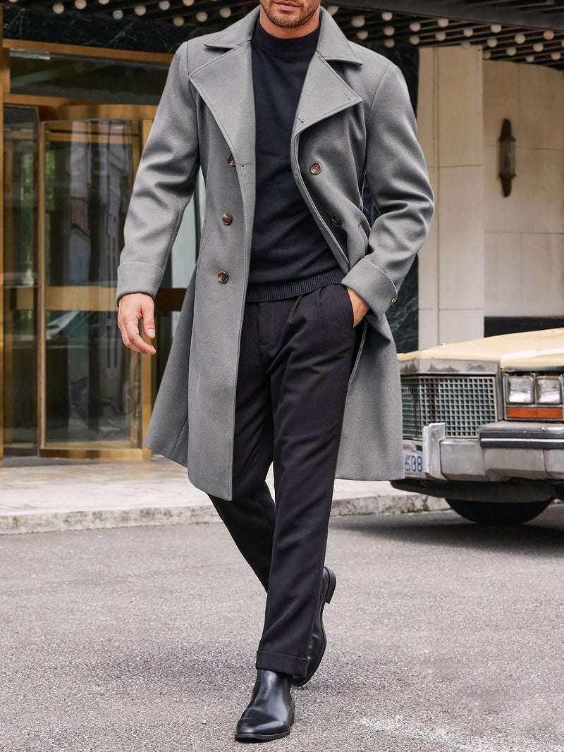 Runcati Mens Trench Coat Notch Lapel Double Breasted Belted Pea Coat Wool Blend Winter Warm Overcoat - Image 4