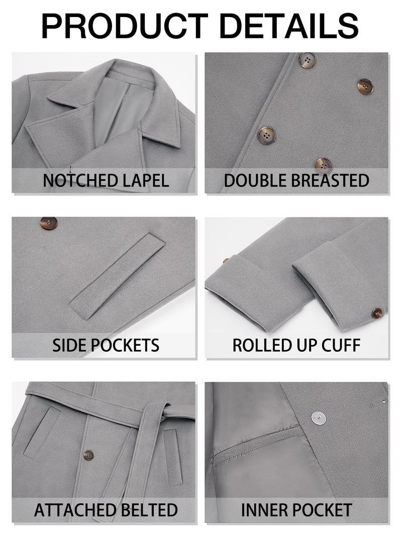 Runcati Mens Trench Coat Notch Lapel Double Breasted Belted Pea Coat Wool Blend Winter Warm Overcoat - Image 5