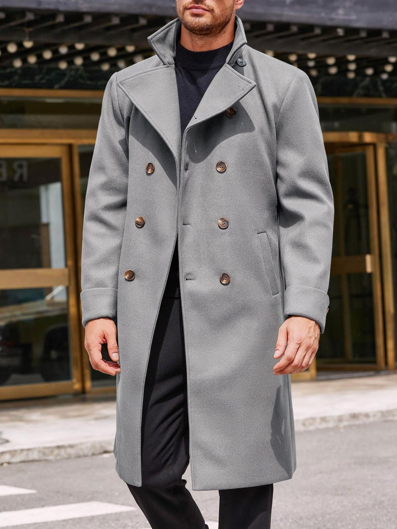 Runcati Mens Trench Coat Notch Lapel Double Breasted Belted Pea Coat Wool Blend Winter Warm Overcoat - Image 2