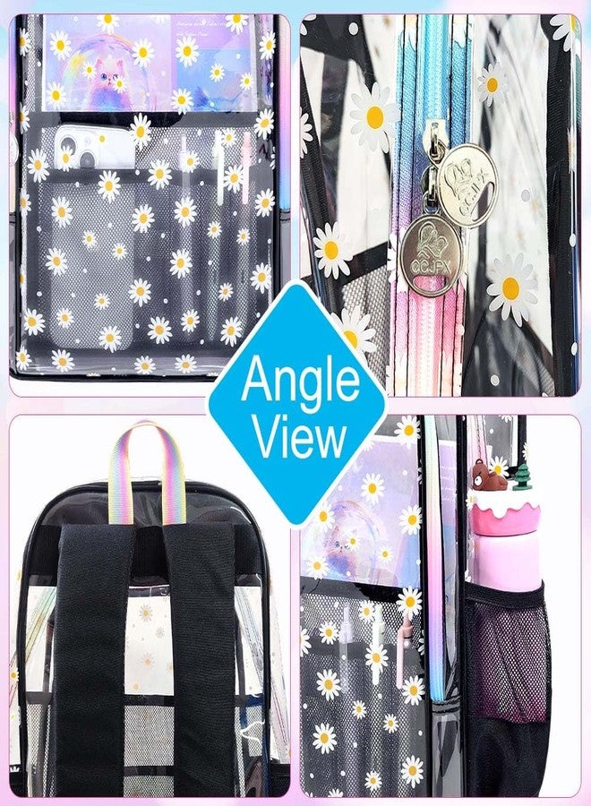 gxtvo 3PCS Girls Clear Backpack Heavy-Duty Set for Women & Teen, 17" Black Transparent Bookbag with Rainbow Strap, Cute Chrysanthemum See Through School Bag - Image 5
