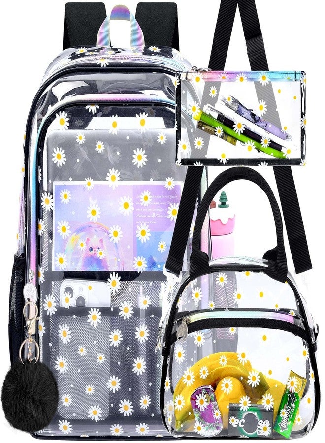 gxtvo 3PCS Girls Clear Backpack Heavy-Duty Set for Women & Teen, 17" Black Transparent Bookbag with Rainbow Strap, Cute Chrysanthemum See Through School Bag - Image 1