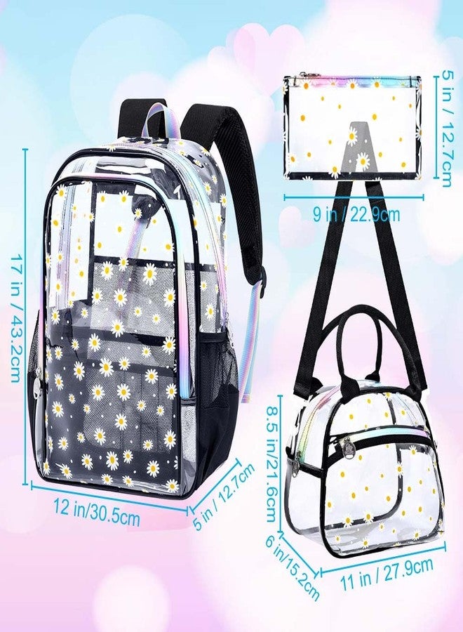 gxtvo 3PCS Girls Clear Backpack Heavy-Duty Set for Women & Teen, 17" Black Transparent Bookbag with Rainbow Strap, Cute Chrysanthemum See Through School Bag - Image 4