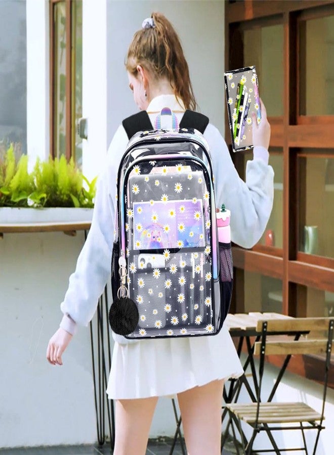 gxtvo 3PCS Girls Clear Backpack Heavy-Duty Set for Women & Teen, 17" Black Transparent Bookbag with Rainbow Strap, Cute Chrysanthemum See Through School Bag - Image 2