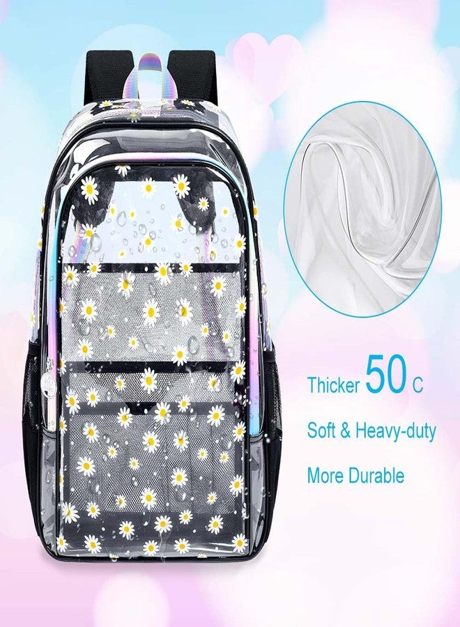 gxtvo 3PCS Girls Clear Backpack Heavy-Duty Set for Women & Teen, 17" Black Transparent Bookbag with Rainbow Strap, Cute Chrysanthemum See Through School Bag - Image 3