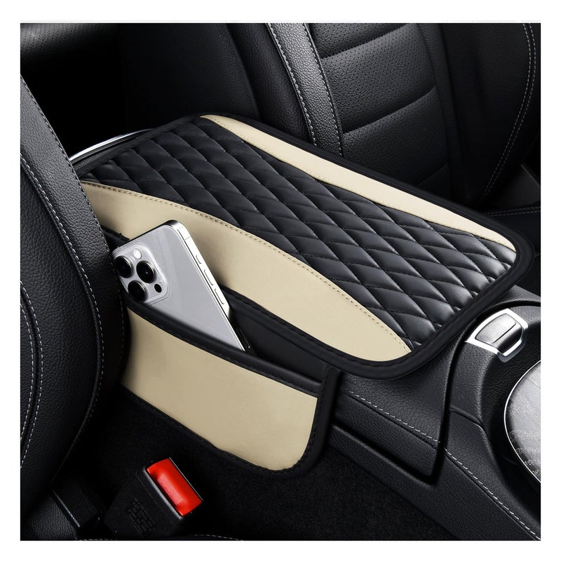 IHOTDER Patchwork Leather Center Console Covers for Cars,Upgraded Arm Rest Cover for Car with Side Storage Pocket for Car Seat Organizer,Middle Console Cover Stylish Car Decoration (Light Beige) - Image 1