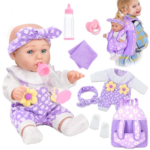 DOTVOSY 12 Flower Pattern Baby Doll With Backpack Carrier Can Store Clothes and Accessories12 Inch Baby Dolls Set In Gift Box With Hanky Pacifier Bottle Pretend Baby Care Toy For Girl Child Toddler 3 Gifts - Image 1