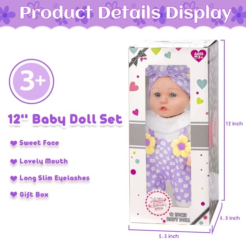 DOTVOSY 12 Flower Pattern Baby Doll With Backpack Carrier Can Store Clothes and Accessories12 Inch Baby Dolls Set In Gift Box With Hanky Pacifier Bottle Pretend Baby Care Toy For Girl Child Toddler 3 Gifts - Image 5