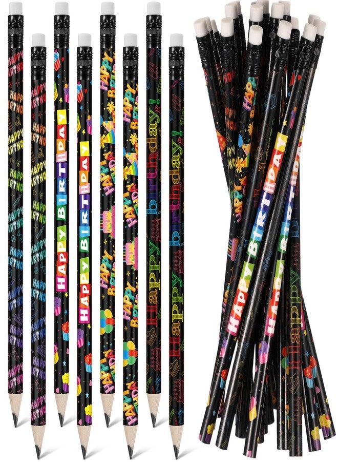 Sabary 24 Pcs Happy Birthday Pencils Colorful Birthday School Student Supplies Unsharpened HB Pencils with Erasers Stationery Bulk for Teacher Classroom Reward Party Supplies (Black) - Image 1