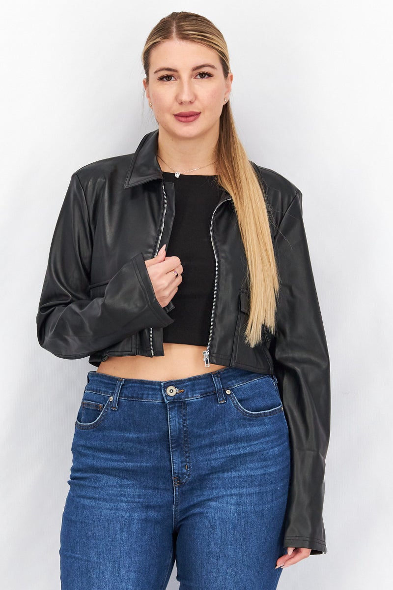 NA-KD Women Pocket Detail Leather Crop Jacket, Black - Image 1