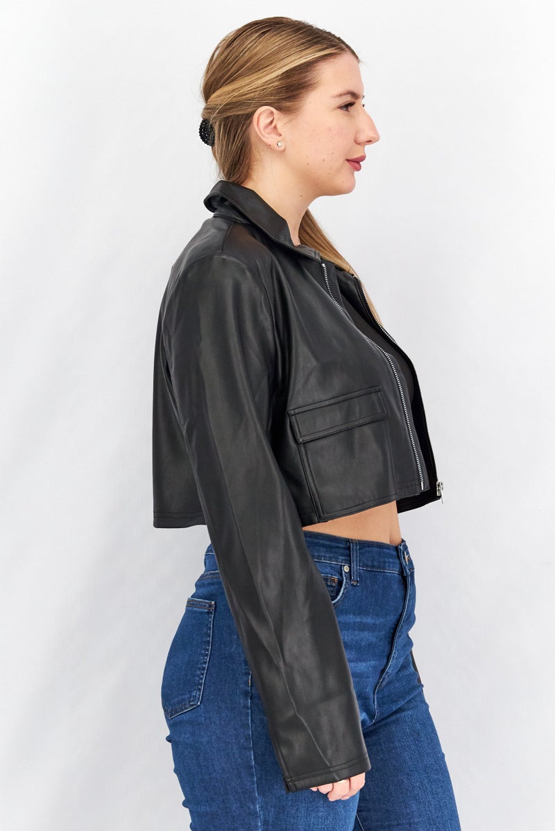 NA-KD Women Pocket Detail Leather Crop Jacket, Black - Image 2