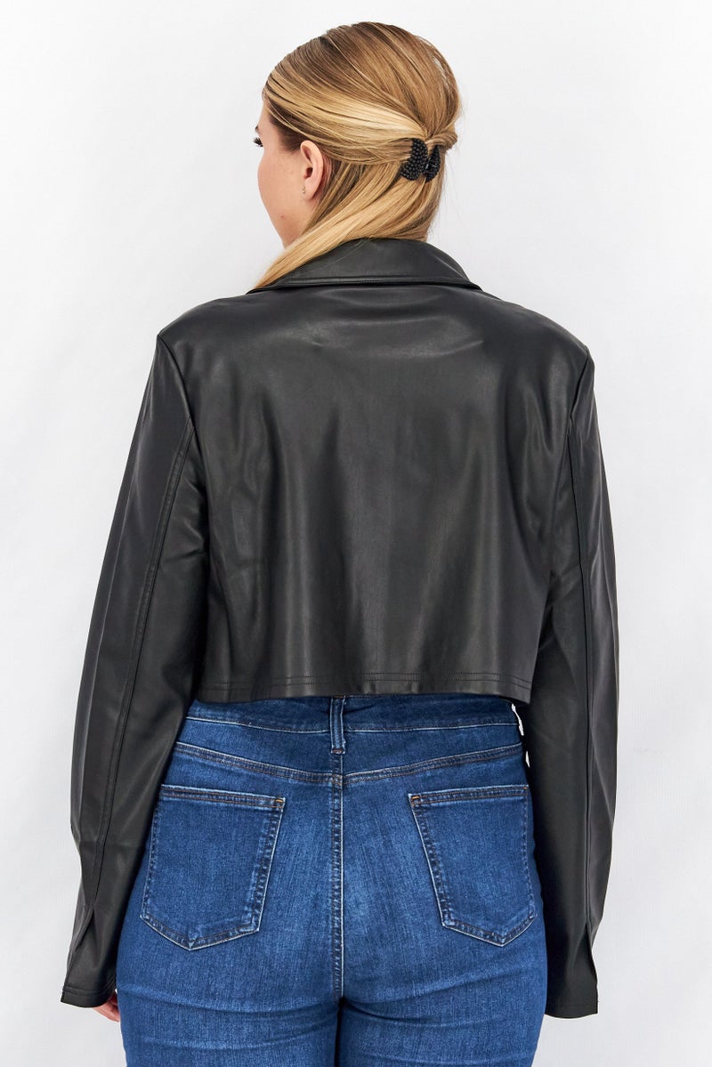NA-KD Women Pocket Detail Leather Crop Jacket, Black - Image 4