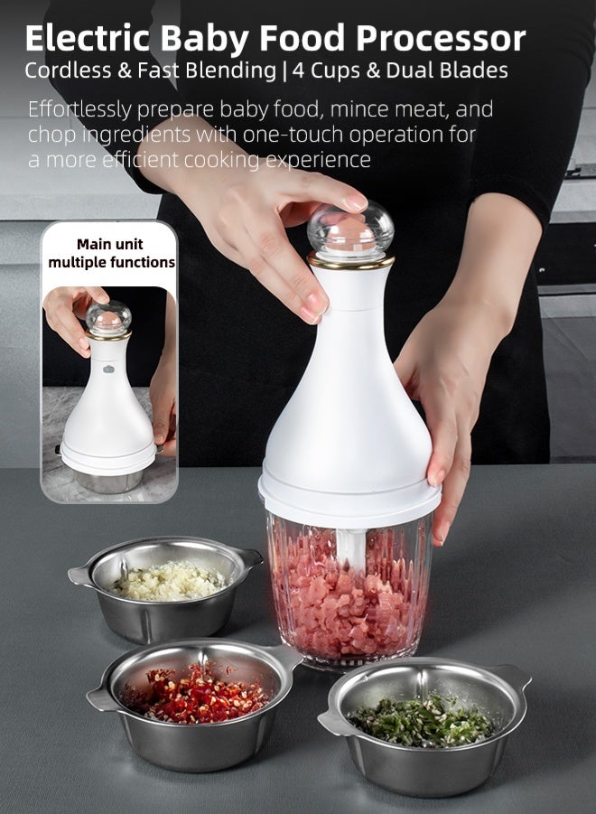 Zcheer Wireless Electric Baby Food Processor Multi-Functional Meat Grinder Blender 4 Bowls with Dual Blades Portable USB Rechargeable 304 Stainless Steel & Thick Glass Multi Food Chopper For Baby Food, Meat, Spices, Vegetables, Fruits And Nuts - Image 1