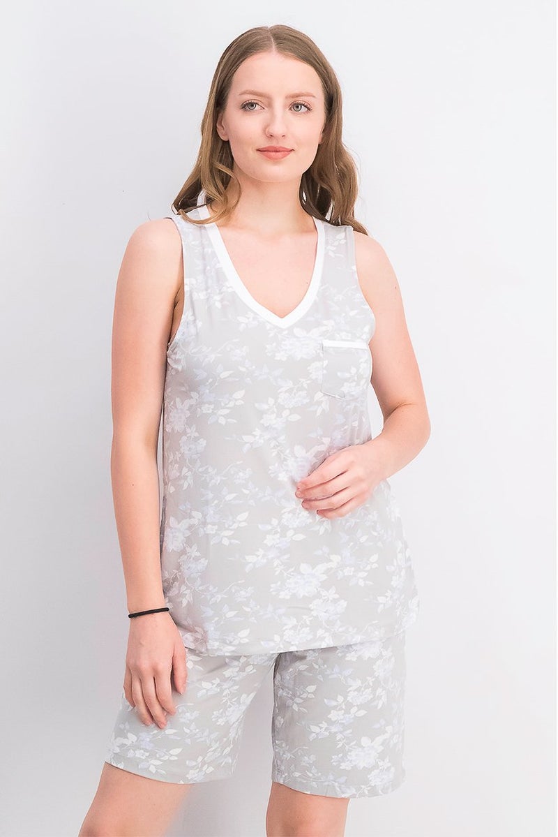 Carole Hochman Women 2 Pc Set Floral Print Pajama, Grey and Blue - Image 1