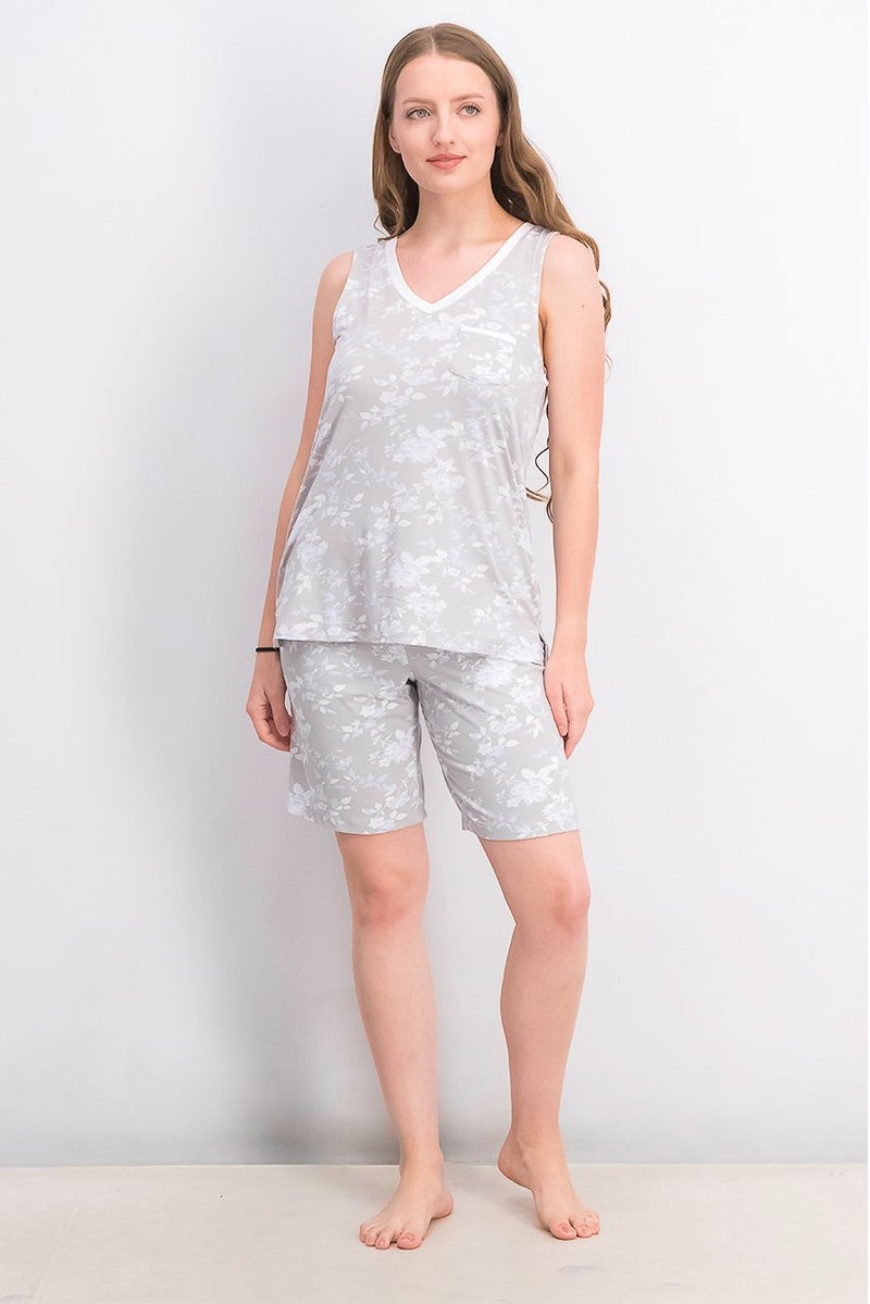 Carole Hochman Women 2 Pc Set Floral Print Pajama, Grey and Blue - Image 4