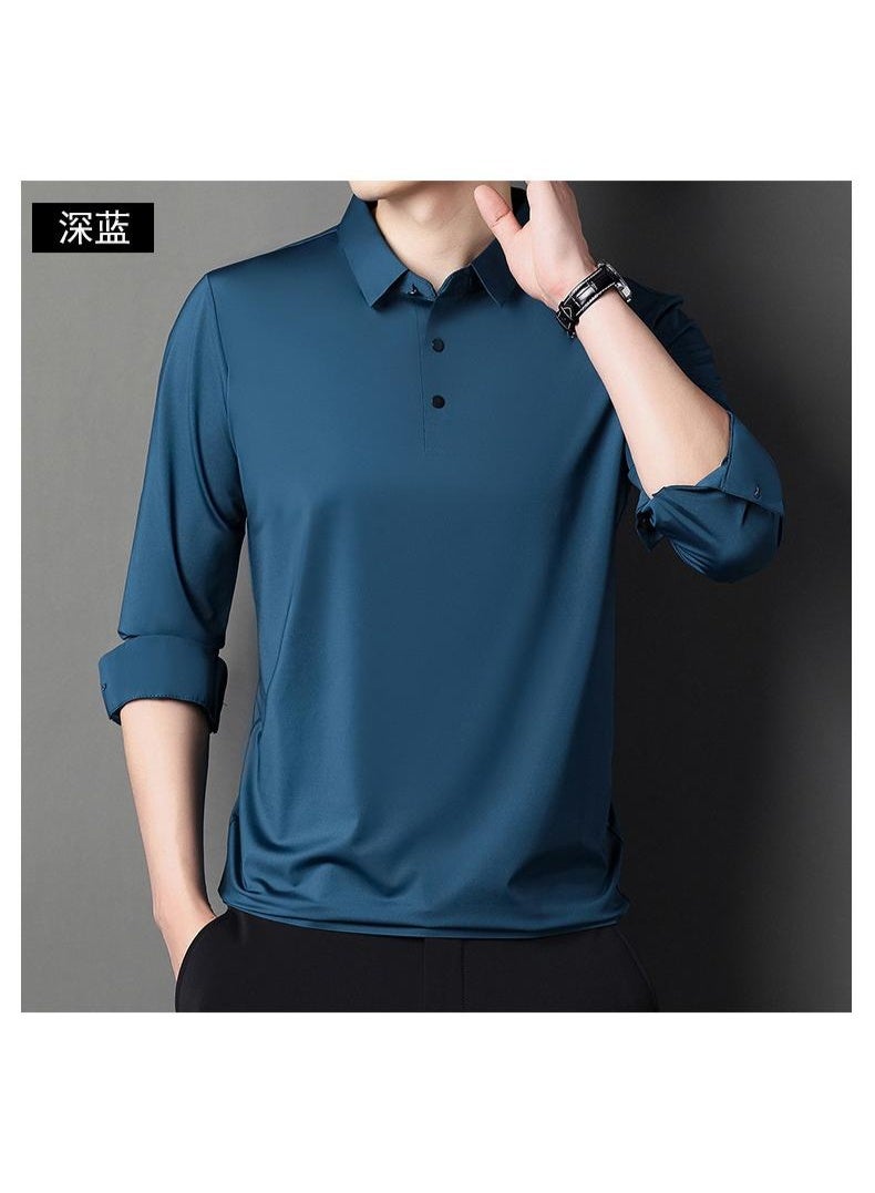 Long Sleeve Ice Silk Mulberry Silk Polo Shirt Men's Spring Summer Turn-down Collar Cool T-shirt Upper Body - Image 2