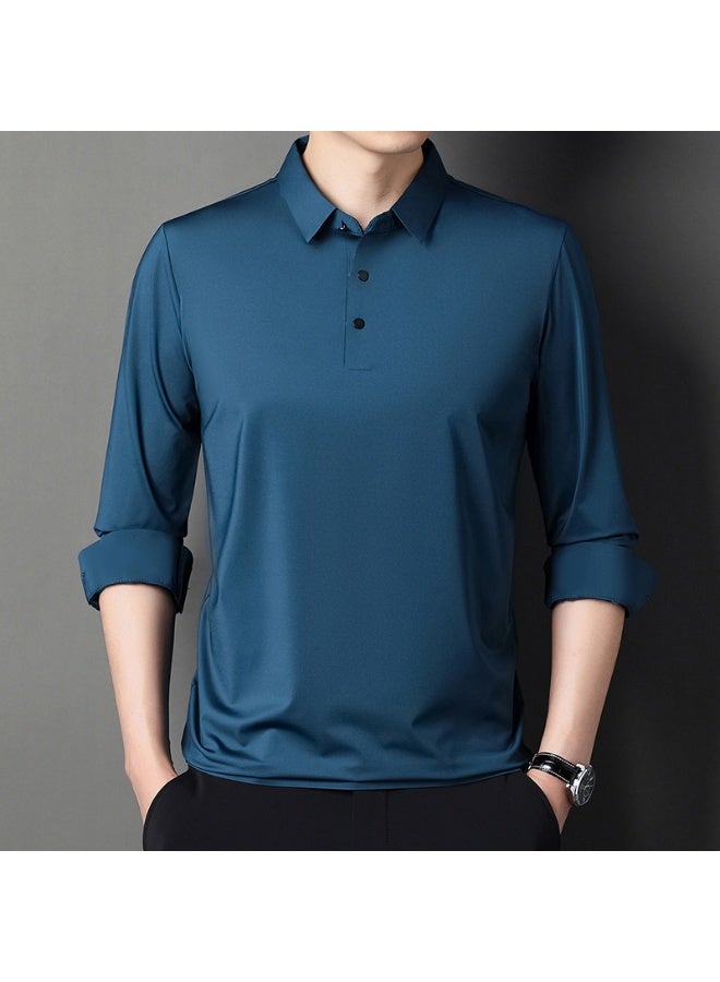 Long Sleeve Ice Silk Mulberry Silk Polo Shirt Men's Spring Summer Turn-down Collar Cool T-shirt Upper Body - Image 1