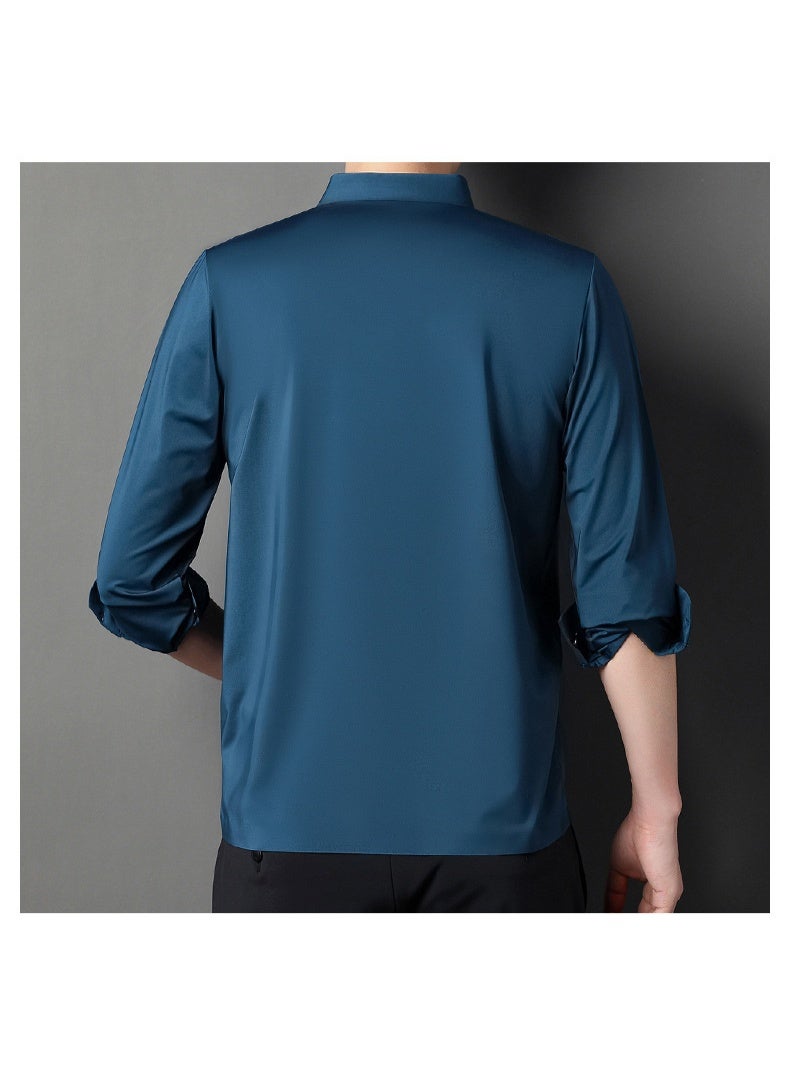 Long Sleeve Ice Silk Mulberry Silk Polo Shirt Men's Spring Summer Turn-down Collar Cool T-shirt Upper Body - Image 3