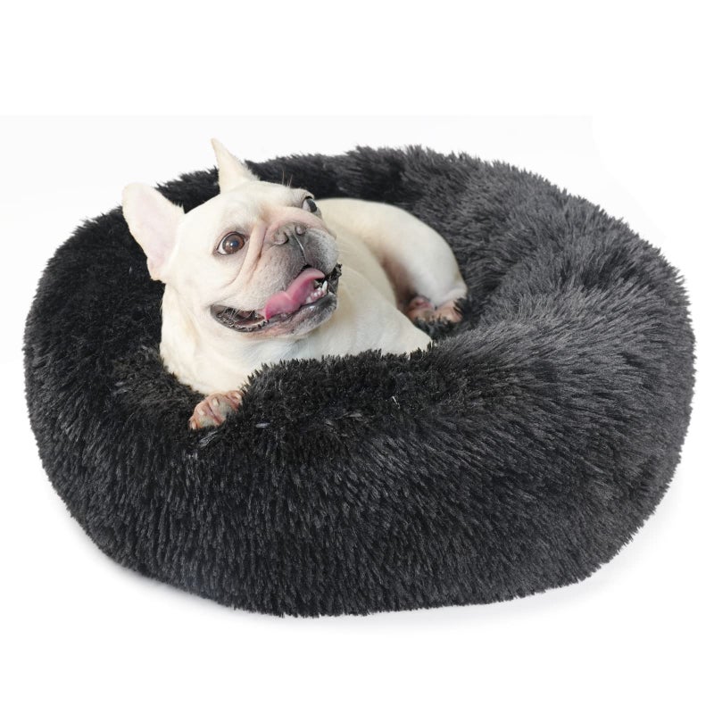 Black Dog Bed for Small Dogs Washble Calming 23 Inch Fluffy Plush Black Dog Bed Round Donut Machine Washable Small Pet Bed