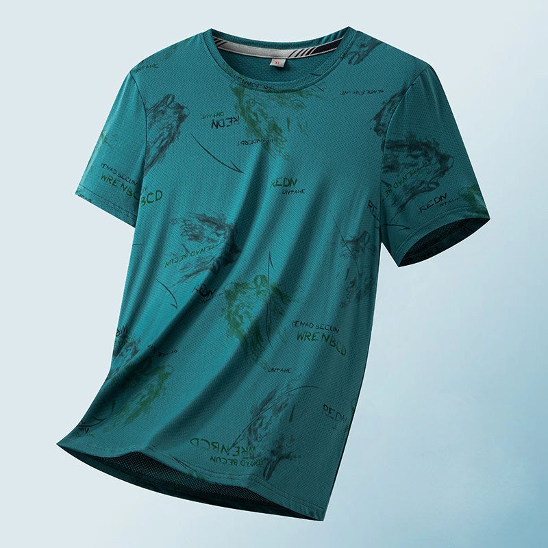 Ice silk short-sleeved T-shirt for men's summer thin trendy printed T-shirt, fashionable wrinkle-resistant ice-cold half-sleeved handsome top - Image 1