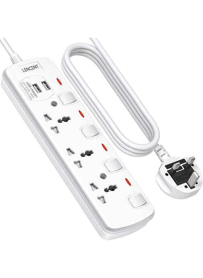 Lencent LENCENT Extension Lead with USB Slots, 3 Way Sockets Outlet Power Strips with 2 USB Ports, Universal Plug Adapter with 2M Extension Cord, Charging Station for Home, Office, Individually Switched  - Image 1