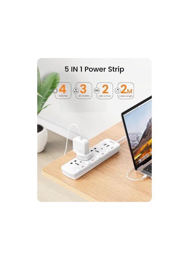 Lencent LENCENT Extension Lead with USB Slots, 3 Way Sockets Outlet Power Strips with 2 USB Ports, Universal Plug Adapter with 2M Extension Cord, Charging Station for Home, Office, Individually Switched  - Image 2