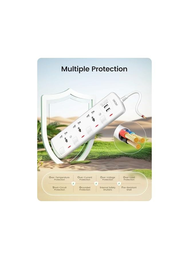 Lencent LENCENT Extension Lead with USB Slots, 3 Way Sockets Outlet Power Strips with 2 USB Ports, Universal Plug Adapter with 2M Extension Cord, Charging Station for Home, Office, Individually Switched  - Image 5