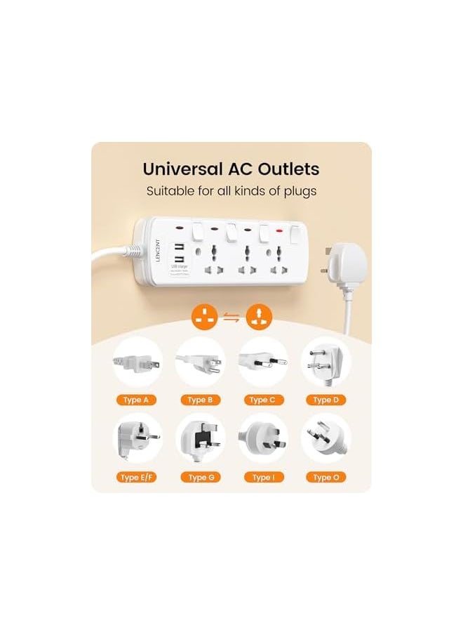 Lencent LENCENT Extension Lead with USB Slots, 3 Way Sockets Outlet Power Strips with 2 USB Ports, Universal Plug Adapter with 2M Extension Cord, Charging Station for Home, Office, Individually Switched  - Image 4