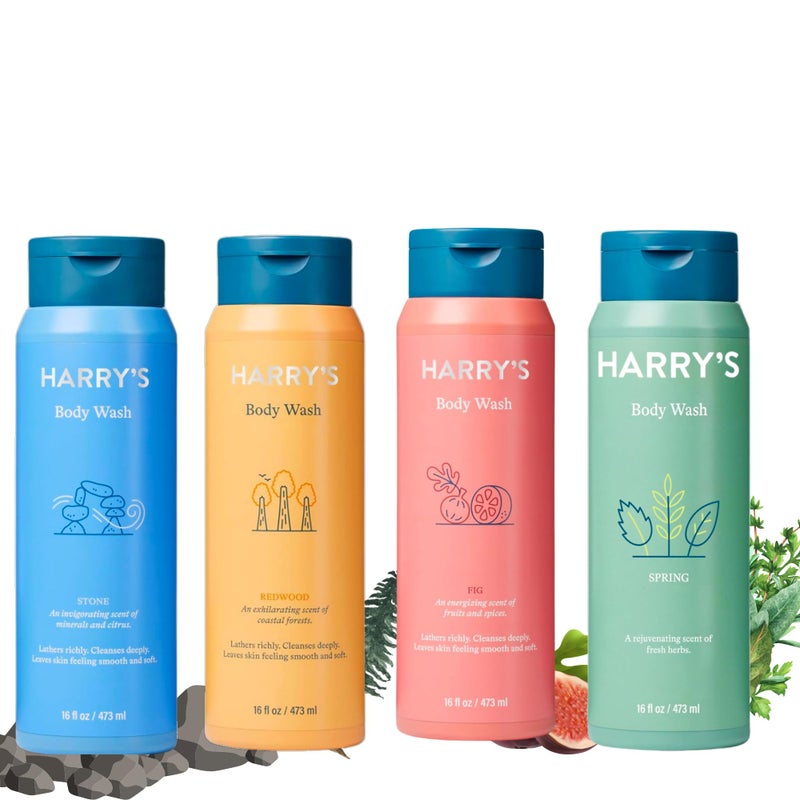 Harry's Men's Body Wash, 18 Fl oz (Pack of 4) | Men's Body Wash and Shower Gel Variety Pack - Stone, Redwood, Fig & Spring Scent | Sulfate-Free for Men - Image 1