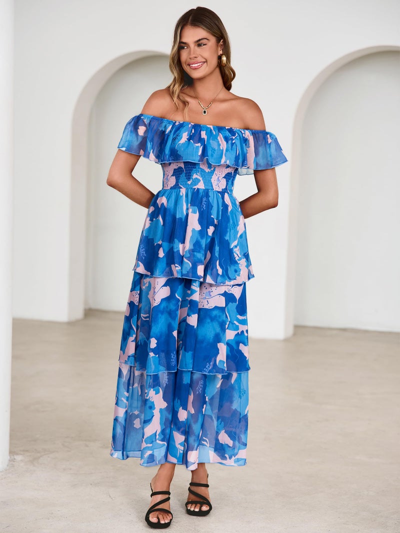 Simplee Womens Floral Wedding Guest Dress Spring Summer 2026 Chiffon Boho Off Shoulder Smocked Tiered Flowy Maxi Dresses(Blue-1 L) - Image 2