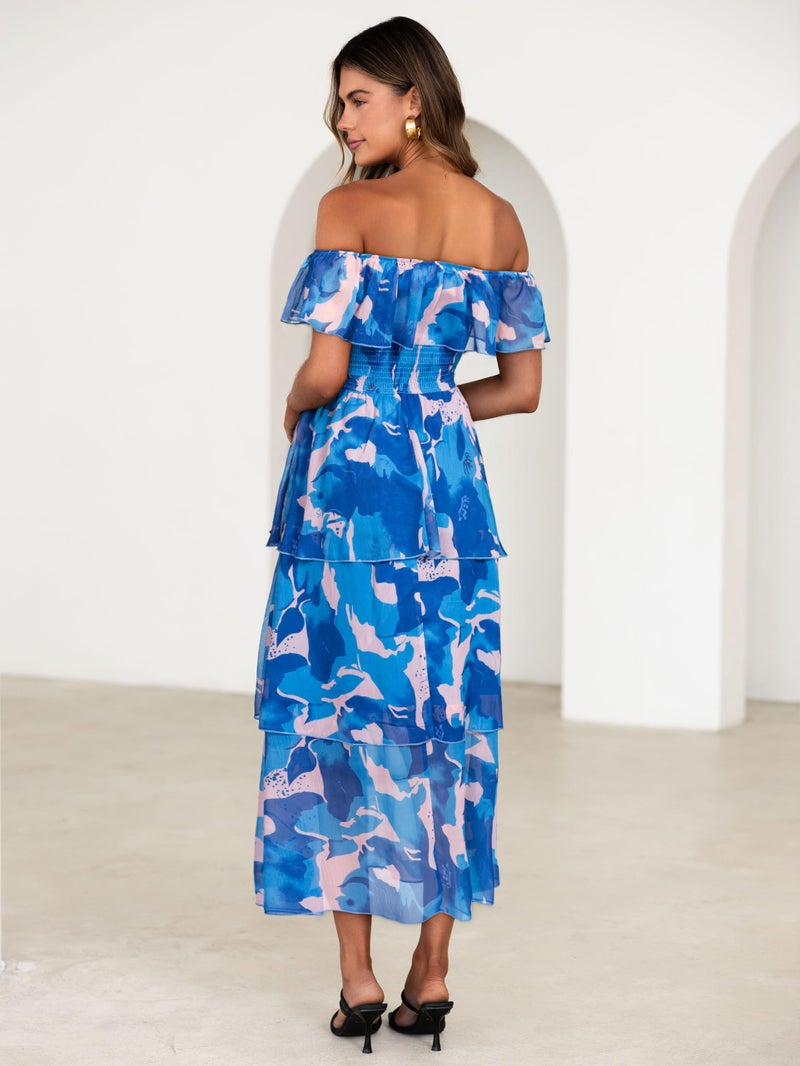 Simplee Womens Floral Wedding Guest Dress Spring Summer 2026 Chiffon Boho Off Shoulder Smocked Tiered Flowy Maxi Dresses(Blue-1 L) - Image 3