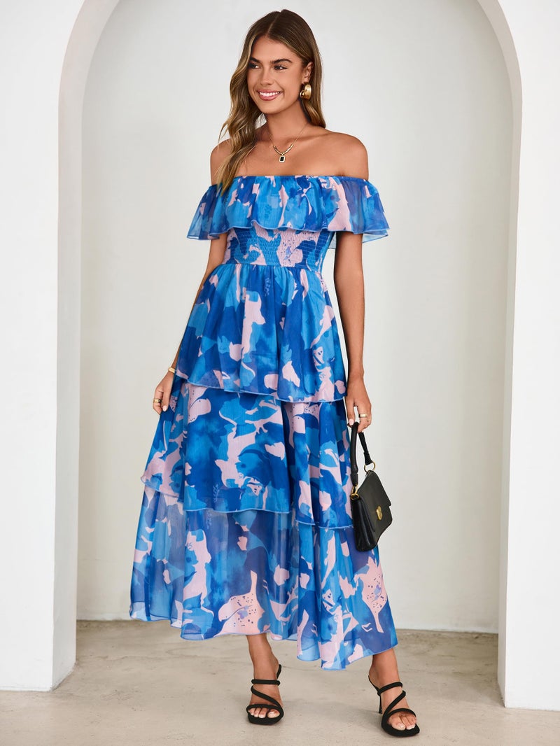 Simplee Womens Floral Wedding Guest Dress Spring Summer 2026 Chiffon Boho Off Shoulder Smocked Tiered Flowy Maxi Dresses(Blue-1 L) - Image 5