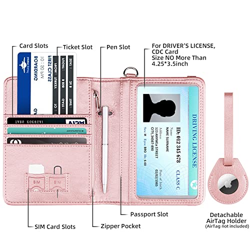 WALNEW AirTag Passport Holder, PU Leather Airtag Wallet RFID Blocking Passport Cover Travel Essentials Case for Women Men (Rosegold) - Image 2
