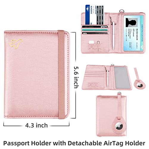WALNEW AirTag Passport Holder, PU Leather Airtag Wallet RFID Blocking Passport Cover Travel Essentials Case for Women Men (Rosegold) - Image 3