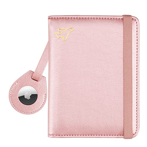 WALNEW AirTag Passport Holder, PU Leather Airtag Wallet RFID Blocking Passport Cover Travel Essentials Case for Women Men (Rosegold) - Image 1