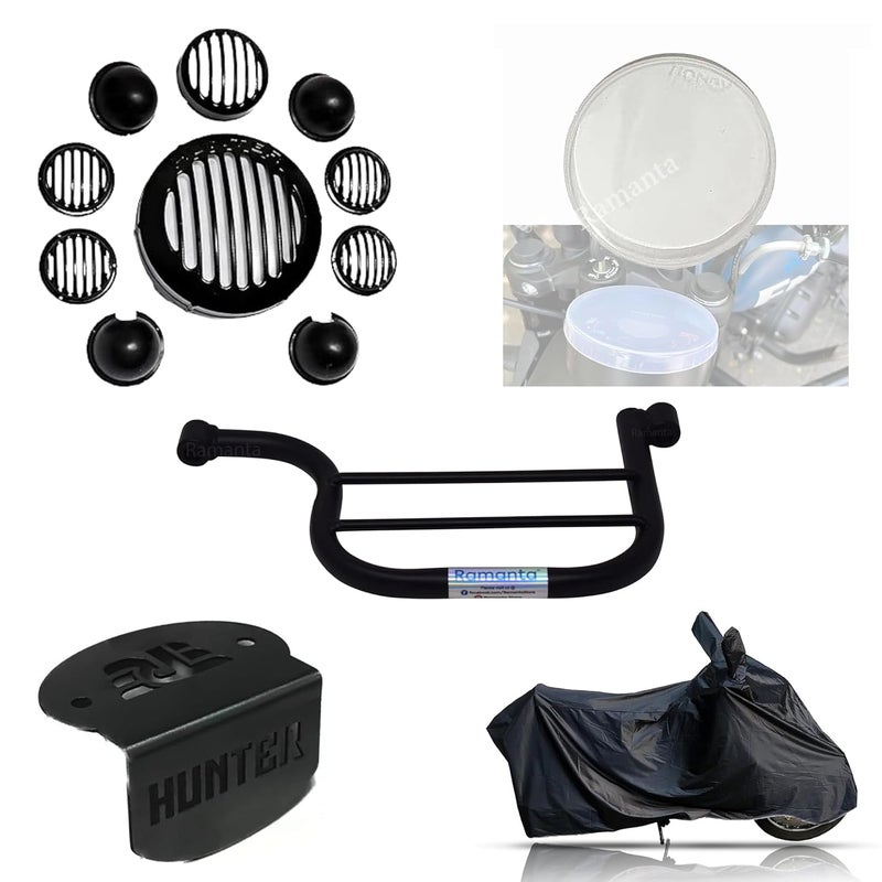 Ramanta Hunter 350 Accessories Combo of Hunter 350 Motorcycle Accessories Kit, Headlight Grill Set, Front Disc Brake Master Cylinder Oil Cap, Meter Cover, Lady Footrest & Body Cover, (Pack of 5) - Image 1