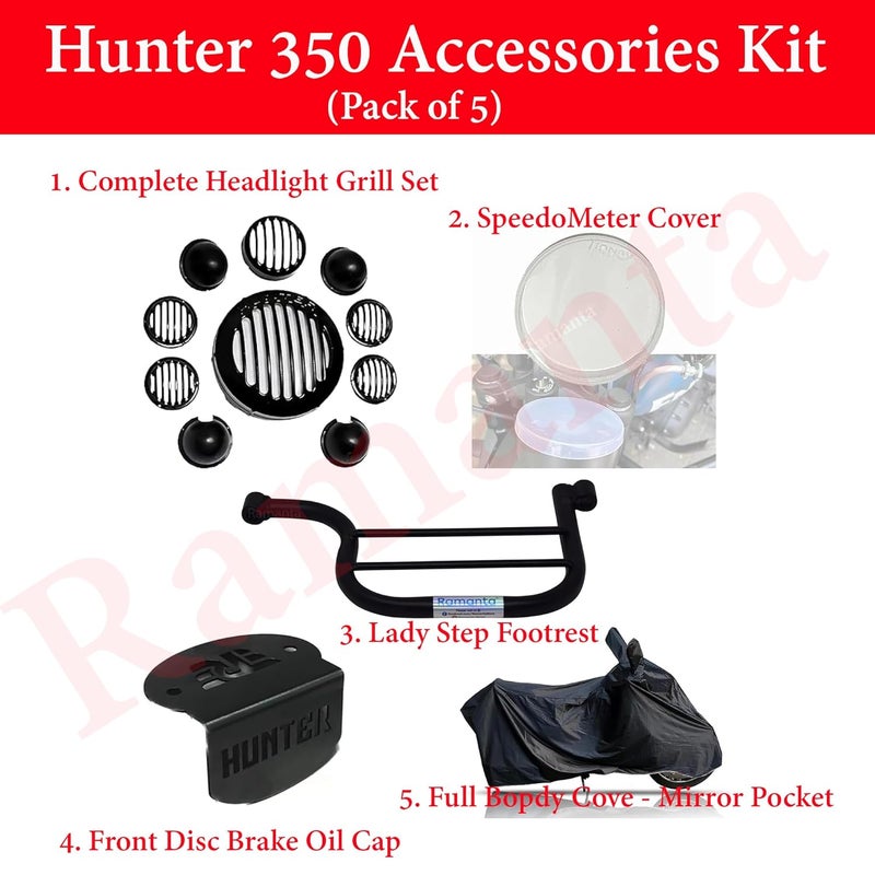 Ramanta Hunter 350 Accessories Combo of Hunter 350 Motorcycle Accessories Kit, Headlight Grill Set, Front Disc Brake Master Cylinder Oil Cap, Meter Cover, Lady Footrest & Body Cover, (Pack of 5) - Image 2
