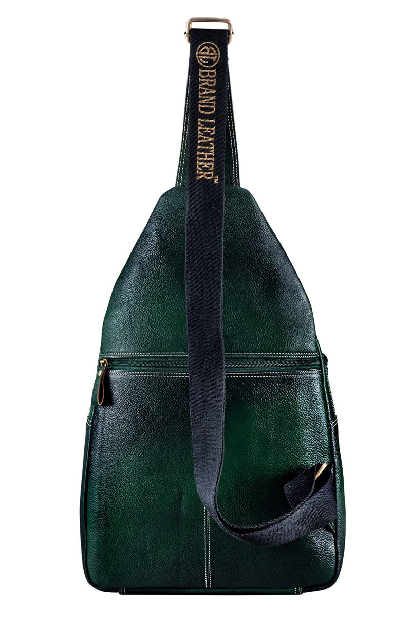 BRAND LEATHER Men's Genuine Leather Sling Shoulder Bag Travel Retro Crossbody Chest Pack Fits 11" iPad (GREEN) - Image 2