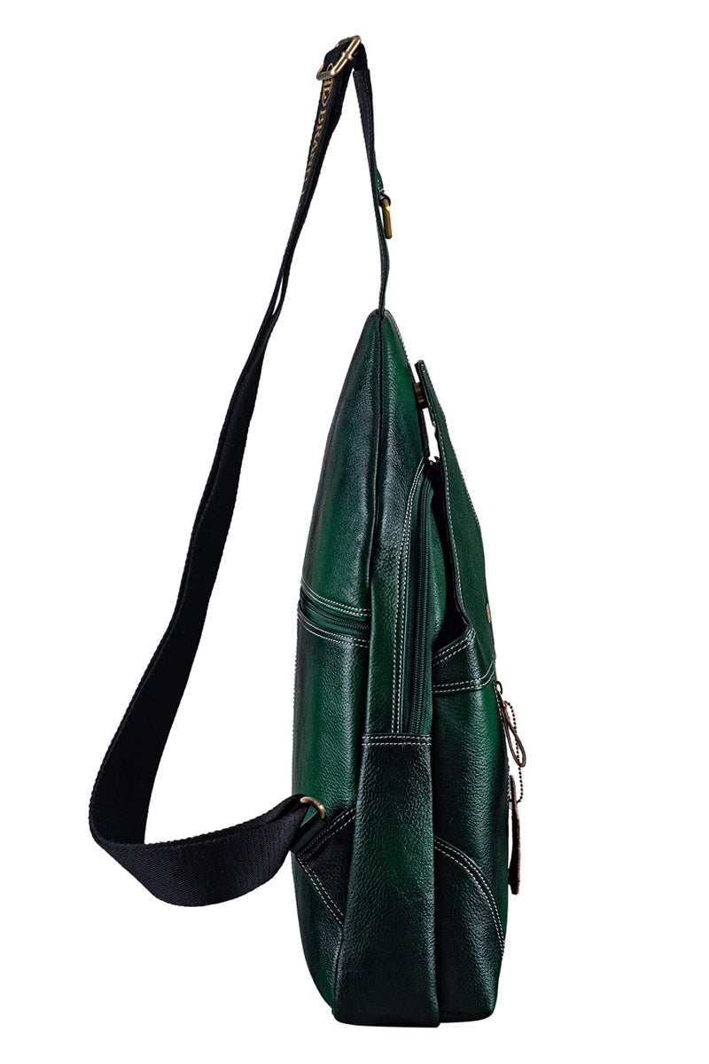 BRAND LEATHER Men's Genuine Leather Sling Shoulder Bag Travel Retro Crossbody Chest Pack Fits 11" iPad (GREEN) - Image 3
