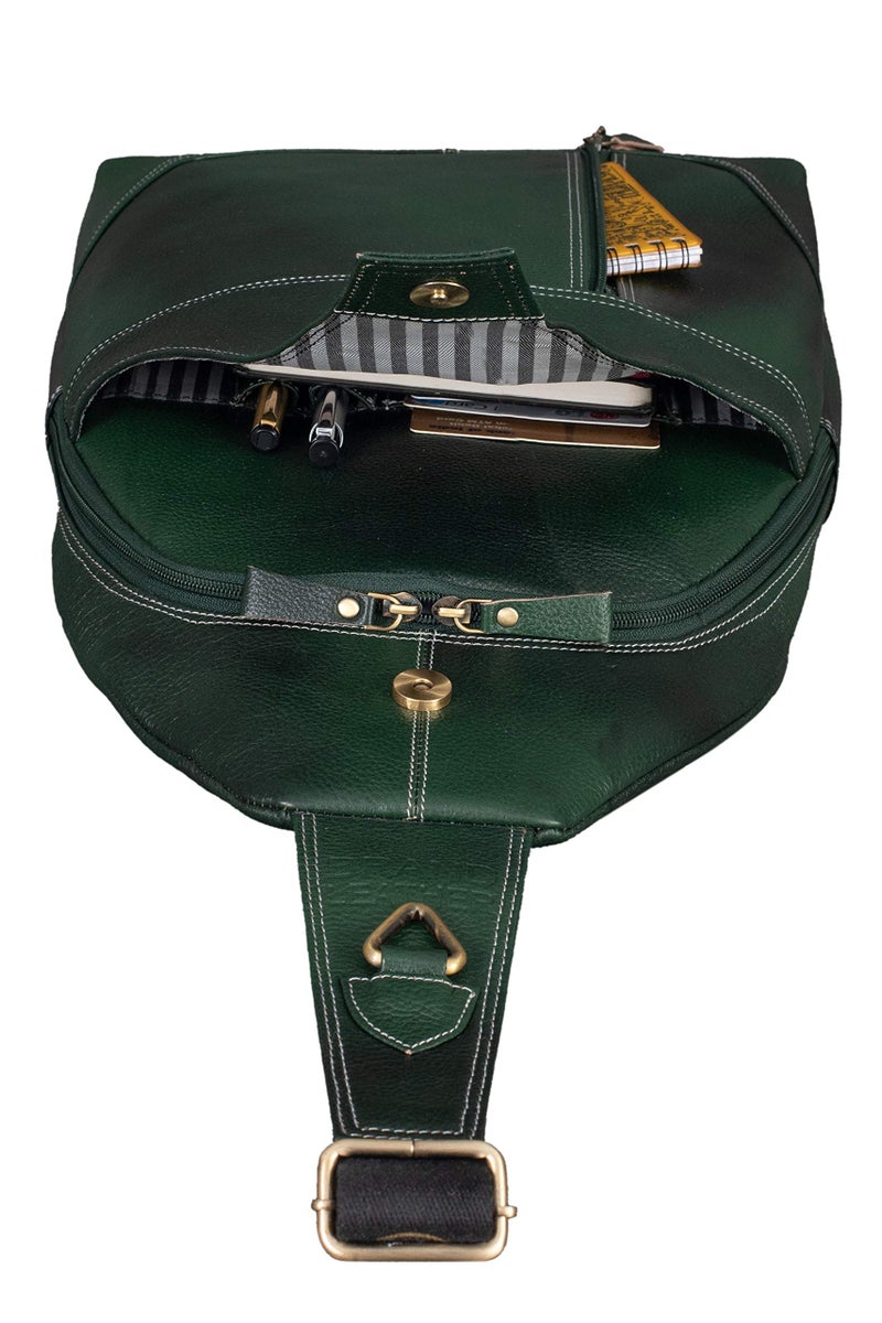 BRAND LEATHER Men's Genuine Leather Sling Shoulder Bag Travel Retro Crossbody Chest Pack Fits 11" iPad (GREEN) - Image 5