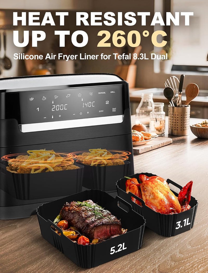 بطانة قلاية الهواء السيليكونية لـ Tefal سعة 8.3 لتر مزدوجة، ملحقات قلاية الهواء لـ Tefal Easy Fry سعة 8.3 لتر، Lakeland Air Fryer سعة 8 لتر، Tower T17099 سعة 5.2 لتر/3.3 لتر و Salter EK5729 درج مزدوج سعة 5.5 لتر/3.5 لتر (قطعتان أسود) - Image 2