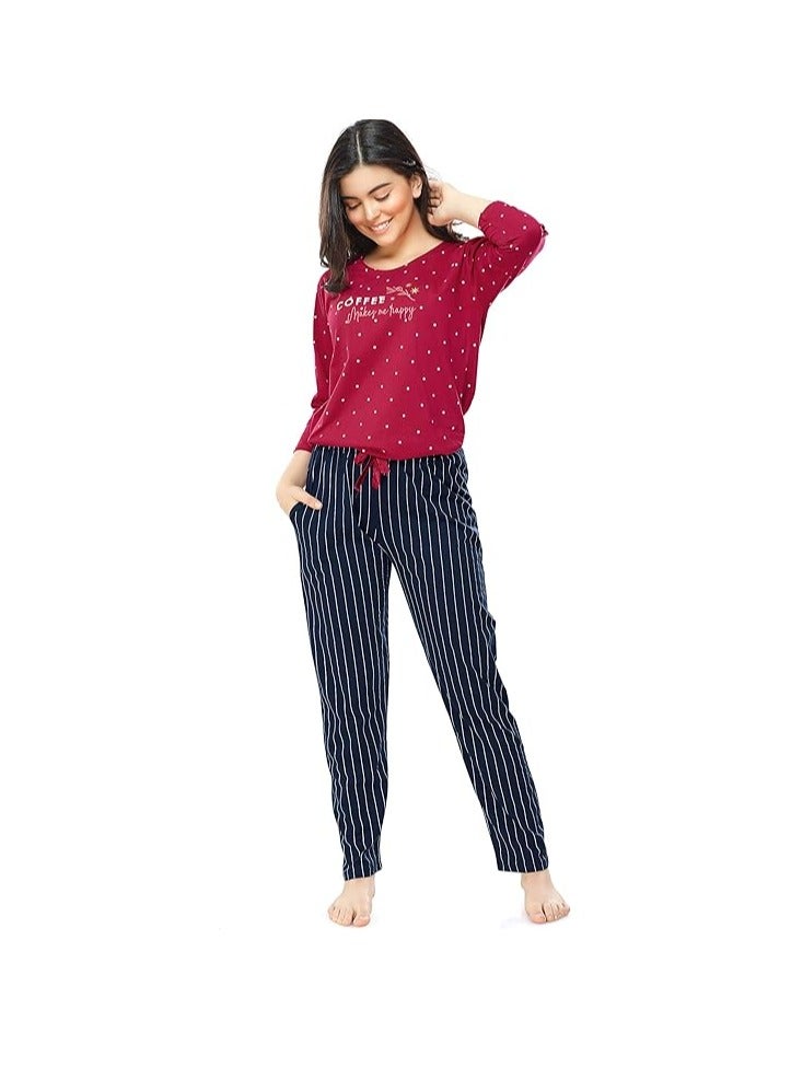 Accessorize Kingdom Women's Cotton Dot Printed Night Suit Set Of Top & Pajama Set  - Image 1