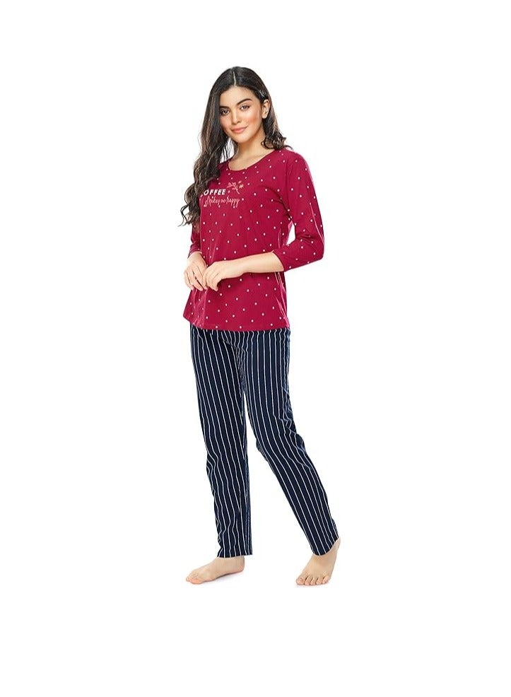 Accessorize Kingdom Women's Cotton Dot Printed Night Suit Set Of Top & Pajama Set  - Image 4