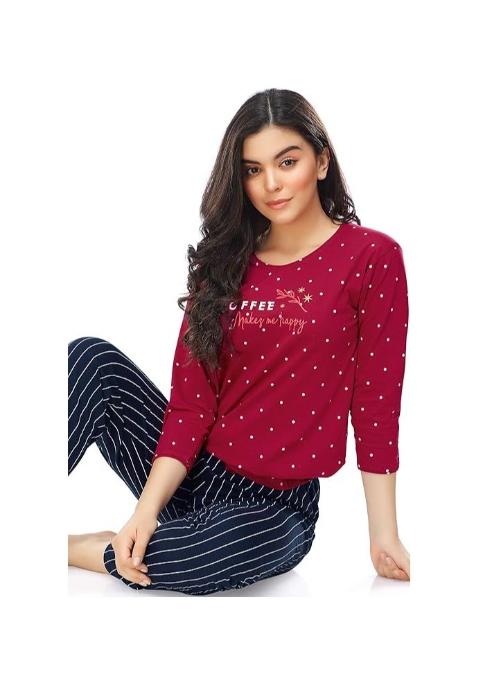 Accessorize Kingdom Women's Cotton Dot Printed Night Suit Set Of Top & Pajama Set  - Image 5
