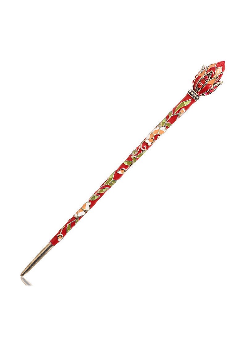 Generic Vintage Cloisonne Lotus Hairpin Hanfu Accessory Lotus red 